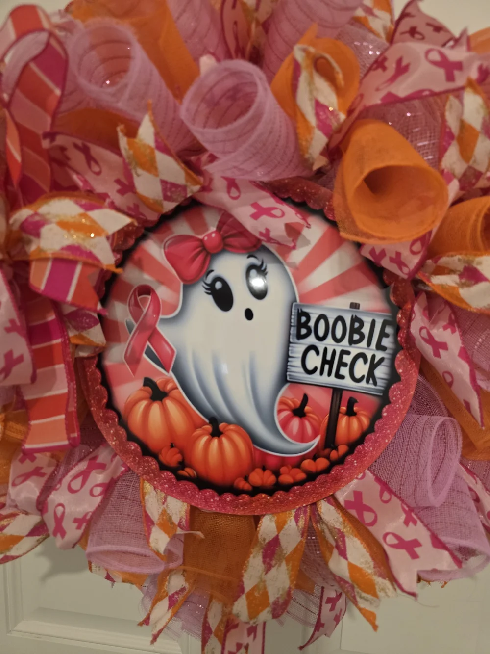 Pink & Orange Breast Cancer Awareness Holiday Wreath - Boobie Check Halloween